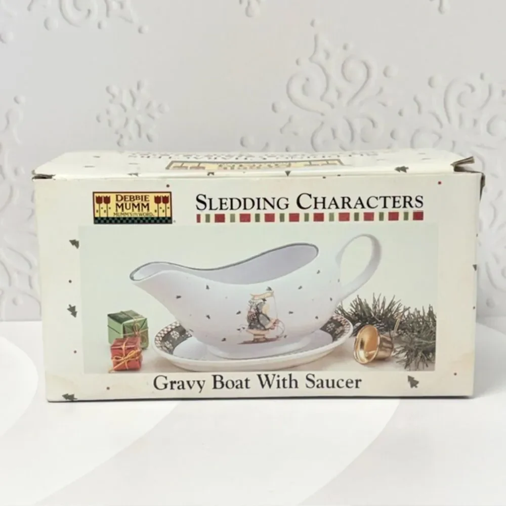 Sakura Debbie Mumm Sledding Characters Gravy Boat Saucer Christmas Box